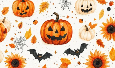 Festive Autumn Halloween Seamless Design with Glitter Pumpkins Bats Spider Webs Sunflowers Fall Leaves