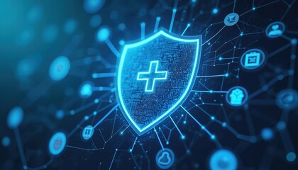 Healthcare security in digital world. Abstract design featuring medical icons, shield symbol. Data protection, patient privacy, secure network concepts, software confidentiality, encryption tech. Pro
