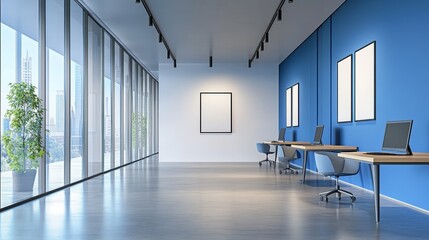 Fototapeta premium Stylish Modern Workspace Featuring Private Booths in a Tranquil Blue Atmosphere at a Contemporary Office Building
