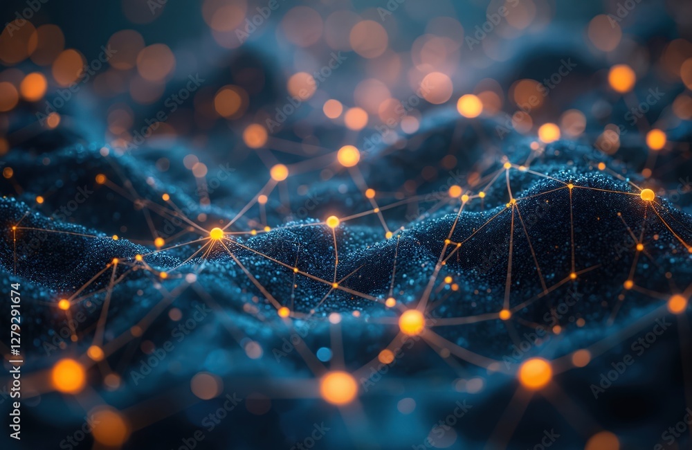 Poster illustration of interconnected nodes forms abstract web. blue, yellow dots connected by lines on dar