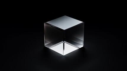 A 3D glass cube floating in a dark space.