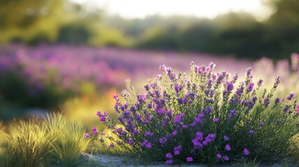 Obraz premium A beautiful lavender plant with bright purple flowers in the front. In the background, there is a field of lavender flowers that are a bit blurry.