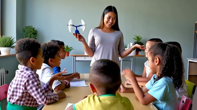 video of Asian teacher showing a radiometer to her elementary school multi-ethnic children students during a science lesson
