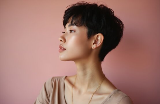 Profile of young brunette woman with stylish pixie haircut on soft pink background. Portrait of beautiful girl with trendy short hair. Elegant modern coiffure. Beauty salon demo of minimalistic