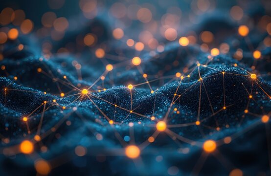 Illustration of interconnected nodes forms abstract web. Blue, yellow dots connected by lines on dark blue background represent data flow, digital network, bigdata, communications, internet tech.