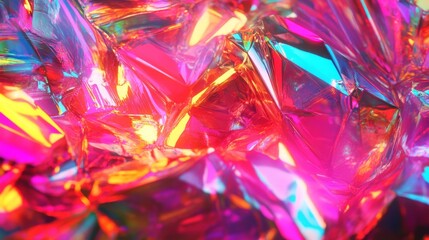 A blurry mix of bright neon colors like pink, red, orange, blue, purple, and rainbow creates an abstract backdrop. It looks like light passing through a prism.