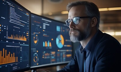 Fototapeta premium Risk Management Professional Strategically Navigating through Virtual Interface with Icons of Analysis, Forecast, and Mitigation