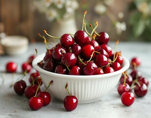 healthy eating and food concept - Cherries in white bowl. Cherry on white background.