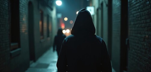 Back of man in hood follows woman walking dark narrow street at night. Concept of crime, stalking and assault. Silhouette of scary figure lurks in dark alley, chases victim in city. Danger and fear.