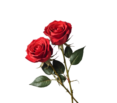 A romantic Valentine's Day scene showcasing two red roses on a pristine white background, perfect for card design and wedding applications. PNG