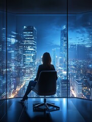 Fototapeta premium Silhouetted Woman Observing Illuminated City Skyline Through Glass Window at Night