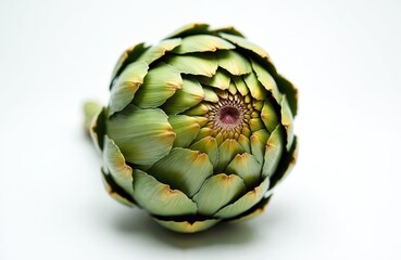 Fototapeta premium Fresh artichoke closeup. Vegetable on white background. Healthy diet ingredient. Raw, ripe, green harvest. Mediterranean cuisine plant. Vegetarian snack, delicious food. Cooking, healthy meal. Spring