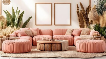 Bright Bohemian Living Room with Pink Sofa Two Frames and Natural Light Interior Design