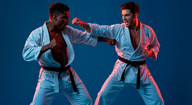 Two skilled karate fighters engage in an intense sparring match, wearing traditional white gi uniforms and black belts. Their powerful stances and focused expressions highlight precision and disciplin