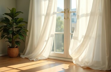 Morning sun shines room with blowing white tulle at opened window. Sunlight, shadows overlays on wooden floor. Home plant in basket stands near wall. Breeze moves transparent fabric.