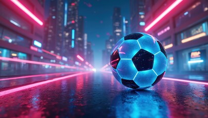 Futuristic cyber ball on street with neon lights. Football with black pentagons glows in modern esports cityscape. Perfect for cybersport, sport advertising. Football in neon city background.