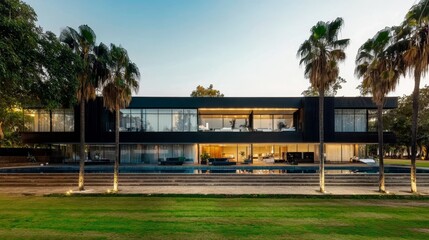 Fototapeta premium Contemporary luxury villa featuring panoramic glass walls and serene green surroundings at sunset