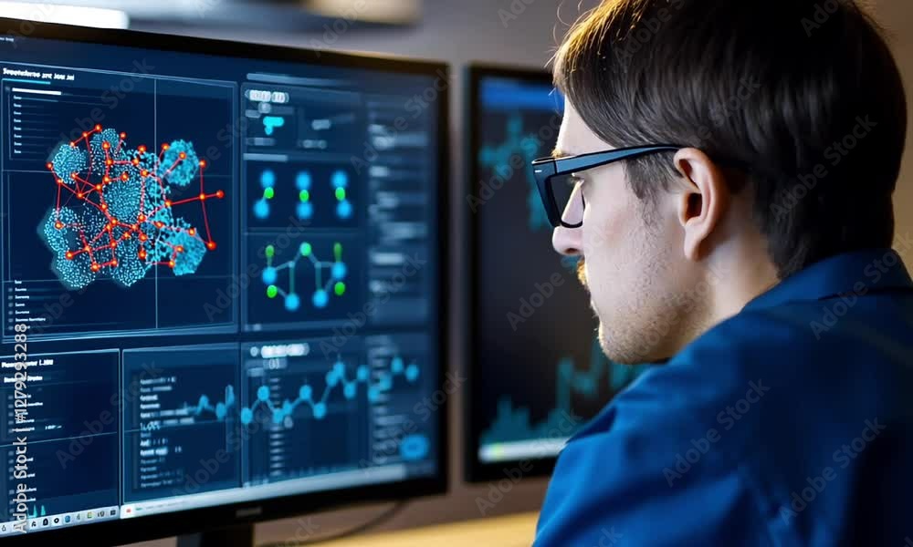 Poster a focused individual analyzes detailed data and graphs on multiple screens, showcasing the intersect