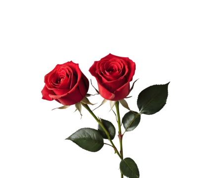 A romantic Valentine's Day scene showcasing two red roses on a pristine white background, perfect for card design and wedding applications. PNG