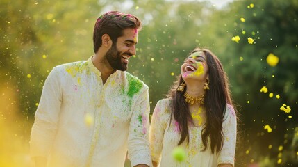 Fototapeta premium Holi Rangpanchmi Portrait of an Indian couple in matching white outfits, holding hands and laughing together as the green and yellow gulal floats in the air around them. Copy space.