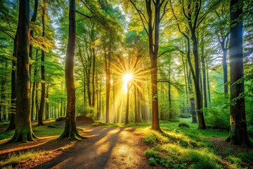 Fototapeta premium Sunlight Filtering Forest, Serene Nature, Daytime Tranquility