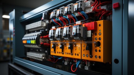 Industrial Electrical Panel Close-Up: Detailed View of Circuit Breakers, Wiring, and Connectors in a Modern Electrical System