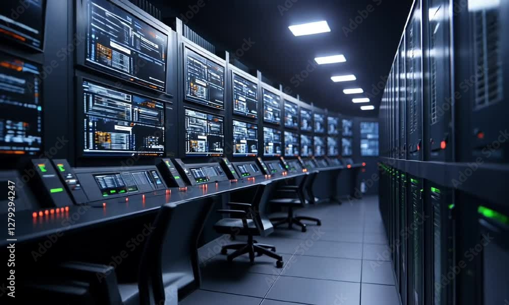 Aufkleber a modern data center featuring rows of servers and control panels, showcasing the advanced technolog