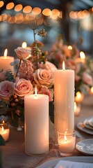 Elegant candlelit dinner table centerpiece with soft pink roses and other flowers.