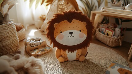 Stuffed Lion Toy in Playroom with Soft Lighting and Woven Details
