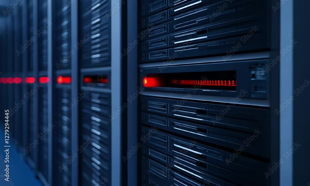 Poster a close-up of modern data servers with illuminated lights, showcasing cutting-edge technology in a d