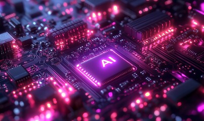 Fototapeta premium Futuristic neon-lit circuit board with Ethical AI text highlighting the importance of morality in artificial intelligence development