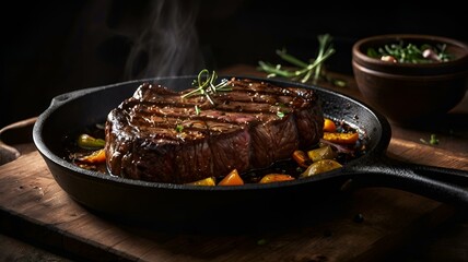 A moody food photography shot of a sizzling steak on a cast-iron skillet, with strong directional lighting creating deep shadows and highlights, enhancing the meat's sear