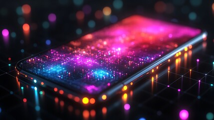 Obraz premium Closeup of smartphone with colorful, interwoven network nodes illustrating an anonymized privacy system