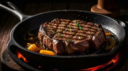 A moody food photography shot of a sizzling steak on a cast-iron skillet, with strong directional lighting creating deep shadows and highlights, enhancing the meat's sear