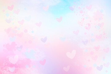 Valentines or mothers day card template. Abstract delicate romantic illustrated pink gradient blue background texture with pink and white bokeh hearts. Beautiful backdrop.