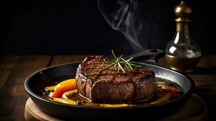 A moody food photography shot of a sizzling steak on a cast-iron skillet, with strong directional lighting creating deep shadows and highlights, enhancing the meat's sear