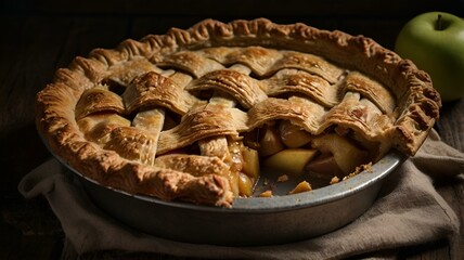 A moody food photography shot of a rustic apple pie, with strong directional lighting creating deep shadows and highlights, enhancing the flaky crust's layers
