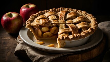 A moody food photography shot of a rustic apple pie, with strong directional lighting creating deep shadows and highlights, enhancing the flaky crust's layers