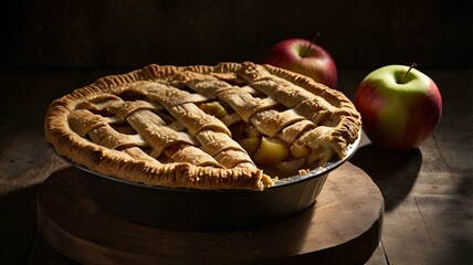 A moody food photography shot of a rustic apple pie, with strong directional lighting creating deep shadows and highlights, enhancing the flaky crust's layers