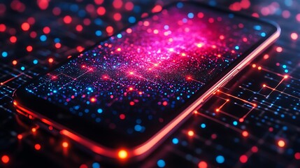 A mobile phone with vibrant anonymizing network graphic illustrating secure user connections with encrypted profiles