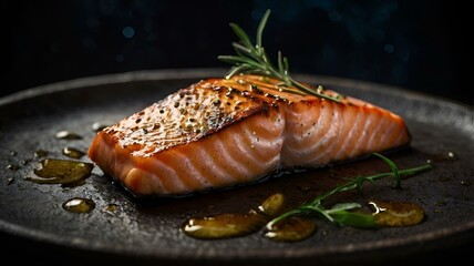A moody food photography shot of a perfectly grilled salmon fillet, with strong directional lighting creating deep shadows and highlights, enhancing the fish's flaky texture