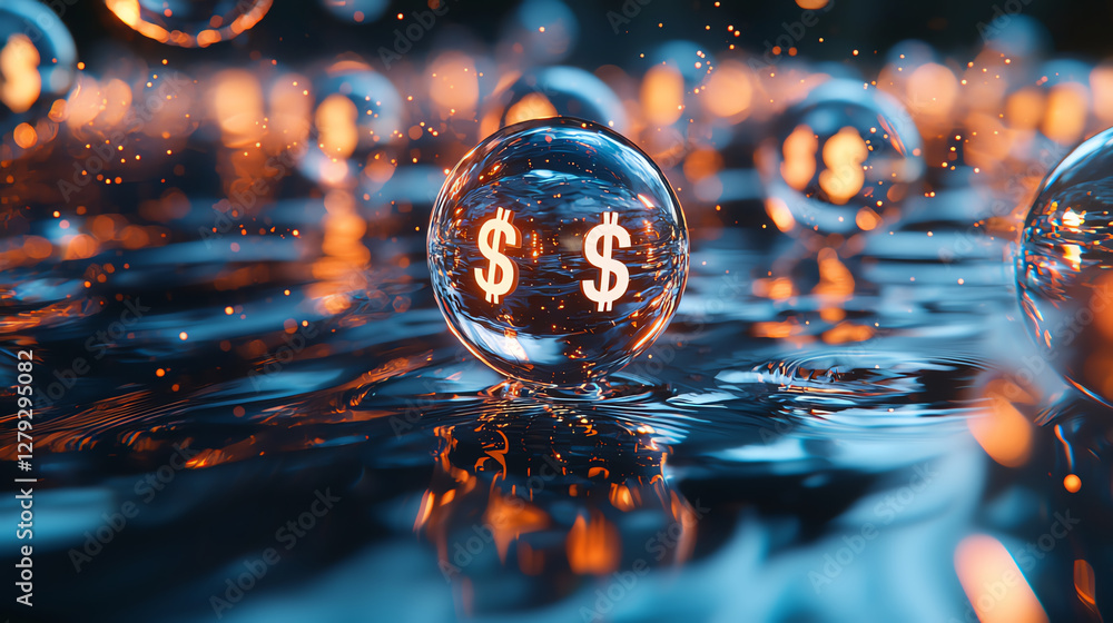 Aufkleber reflective metallic balls with dollar signs floating on water, creating mesmerizing visual effect. s