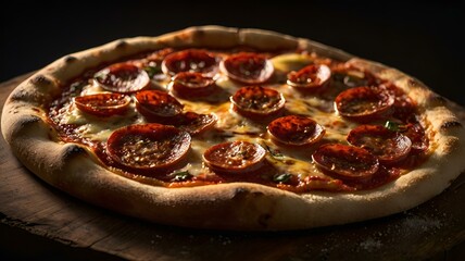 A moody food photography shot of a homemade wood-fired pepperoni pizza, with strong directional lighting creating deep shadows and highlights, enhancing the charred crust's blistering and the pepperon