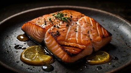 A moody food photography shot of a perfectly grilled salmon fillet, with strong directional lighting creating deep shadows and highlights, enhancing the fish's flaky texture