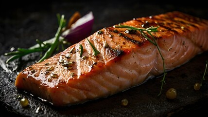 A moody food photography shot of a perfectly grilled salmon fillet, with strong directional lighting creating deep shadows and highlights, enhancing the fish's flaky texture