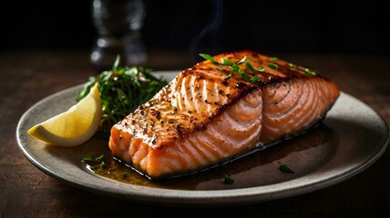 A moody food photography shot of a perfectly grilled salmon fillet, with strong directional lighting creating deep shadows and highlights, enhancing the fish's flaky texture