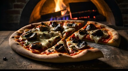 "A moody food photography shot of a homemade wood-fired pizza, with strong directional lighting creating deep shadows and highlights, enhancing the charred crust's blistering