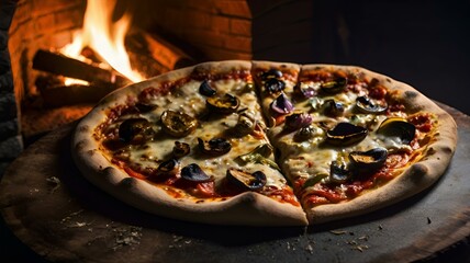 "A moody food photography shot of a homemade wood-fired pizza, with strong directional lighting creating deep shadows and highlights, enhancing the charred crust's blistering