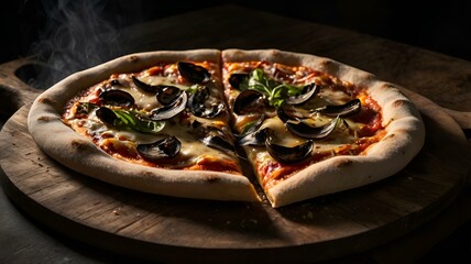 "A moody food photography shot of a homemade wood-fired pizza, with strong directional lighting creating deep shadows and highlights, enhancing the charred crust's blistering