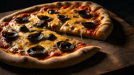 "A moody food photography shot of a homemade wood-fired pizza, with strong directional lighting creating deep shadows and highlights, enhancing the charred crust's blistering